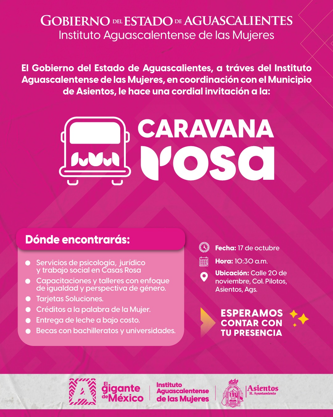 🌸 LA CARAVANA ROSA LLEGARÁ ESTE VIERNES 17 DE OCTUBRE A PILOTOS, ASIENTOS, CON SERVICIOS GRATUITOS PARA LAS MUJERES